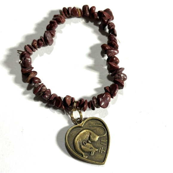 Chinese Horoscope Rat Sign Charm Bracelet Natural Dark Brown Stone Chips - Picture 3 of 4